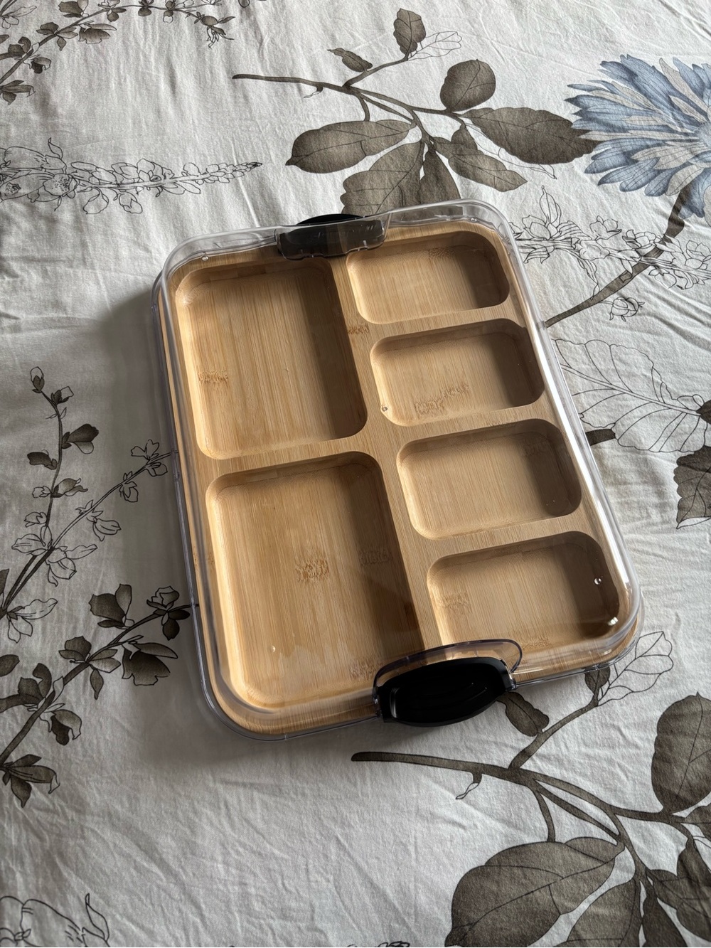 Farberware bamboo charcuterie board with compartments and clear snap lid